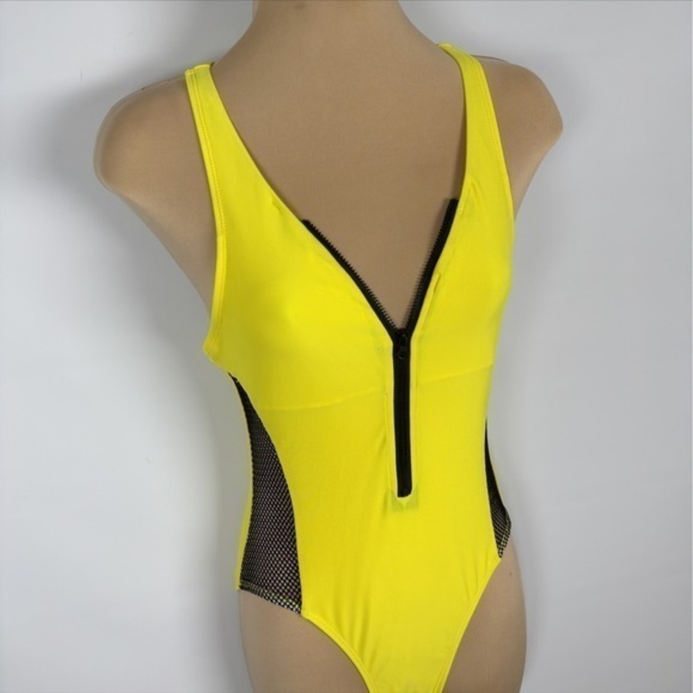 Women's Retro Yellow / Black Mesh Insert Zip Front One Piece Swimsuit - Picture 6 of 7